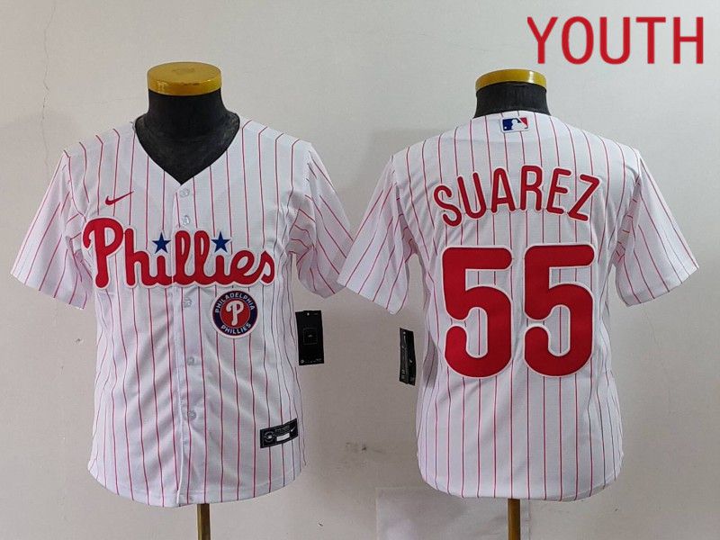 Youth Philadelphia Phillies #55 Suarez White stripe Nike Game 2024 MLB Jersey style 3->youth mlb jersey->Youth Jersey